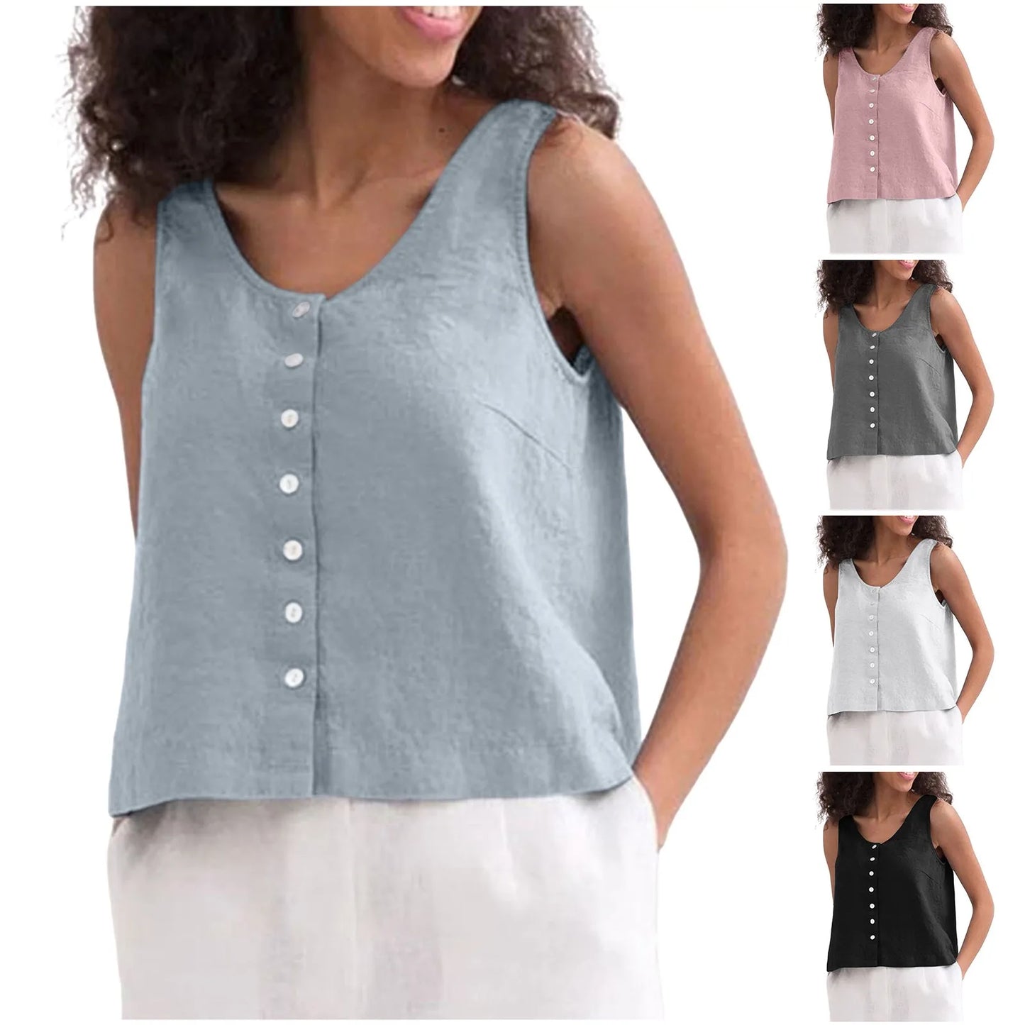 Blouses Summer 2024 Woman Women Loose Lazy Button Vest Linen Loose Feel Versatile Comfortable Sleeveless Top Футболка Оверсайз