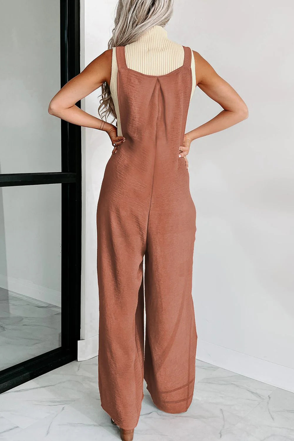 Waffle-Knit Wide Leg Overall with Pockets
