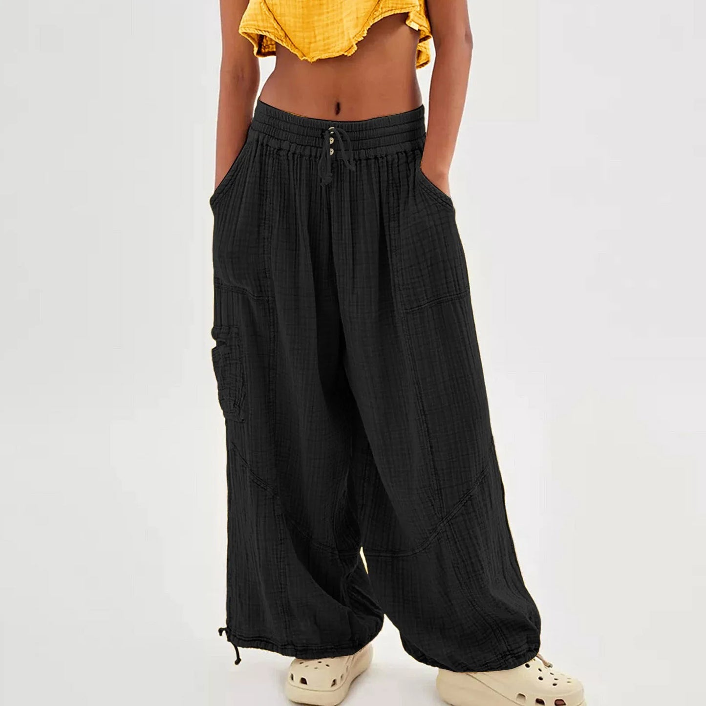 Beach Pants Linen Pants Women Wide Leg Harem Pants High Waist Button Drawstring Palazzo Pants Loose plus Size Pant with Pocket