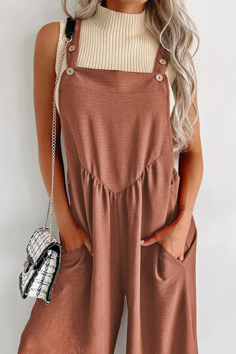 Waffle-Knit Wide Leg Overall with Pockets