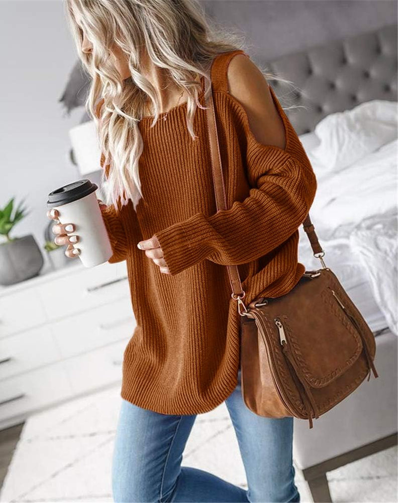 Women'S Cold Shoulder Oversized Sweaters Batwing Long Sleeve Square Neck Chunky Knit Fall Tunic Sweater Tops Brown