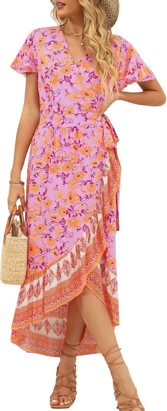 Women'S Summer Bohemian Floral Printed Wrap V Neck Beach Party Flowy Ruffle Midi Dress
