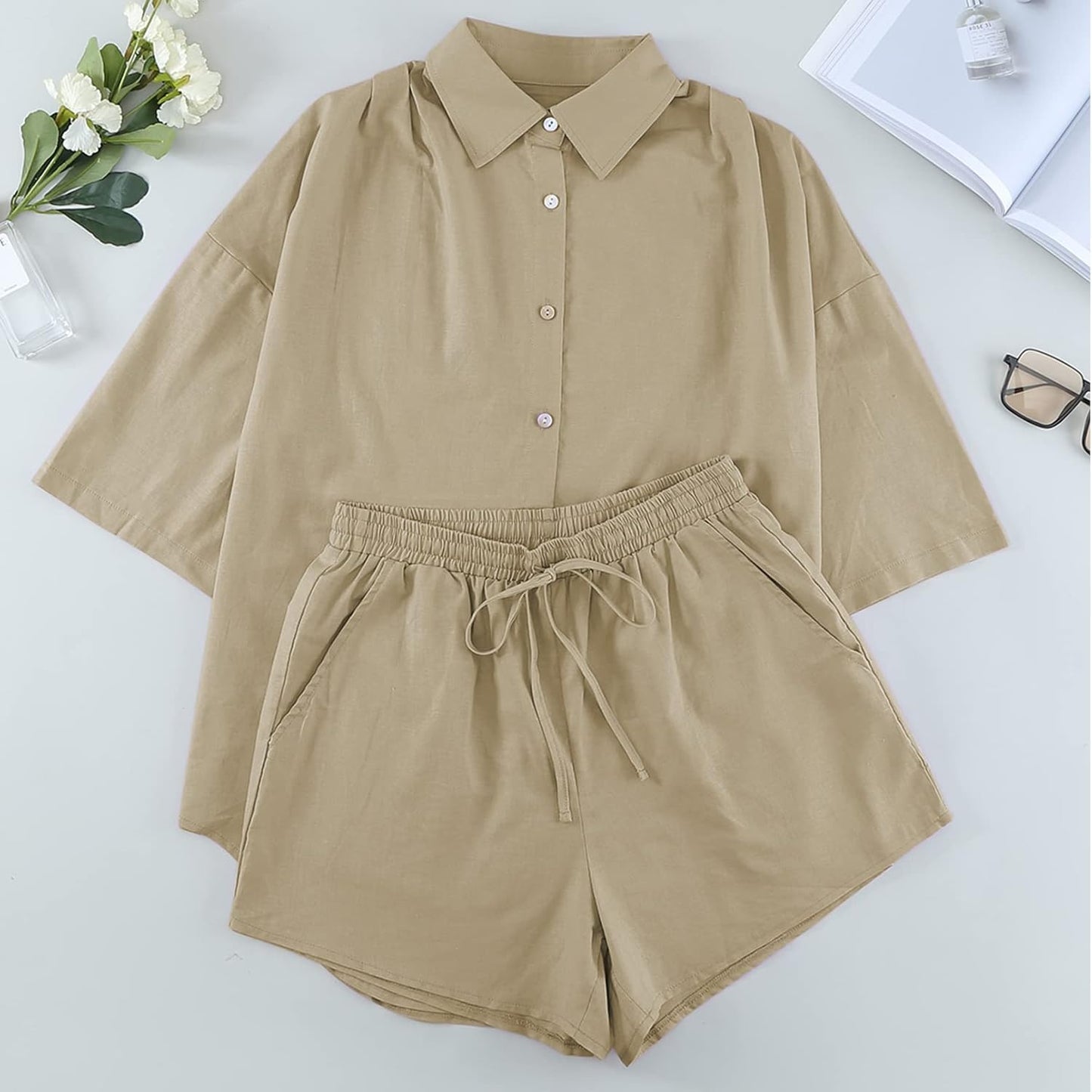 Women 2 Piece Outfit Summer Short Sleeve Top and Shorts Sweatsuit Set