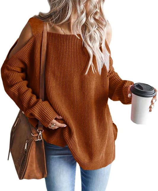 Women'S Cold Shoulder Oversized Sweaters Batwing Long Sleeve Square Neck Chunky Knit Fall Tunic Sweater Tops Brown