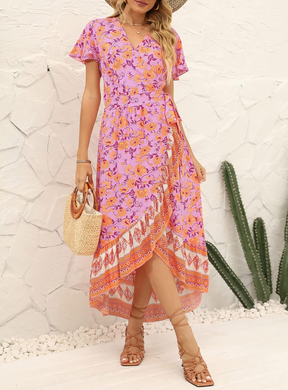 Women'S Summer Bohemian Floral Printed Wrap V Neck Beach Party Flowy Ruffle Midi Dress