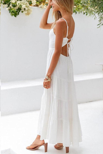 Women Summer Boho Maxi Dress Tiered Paghetti Strap Square Neck Pleated Backless Sleeveless White XL