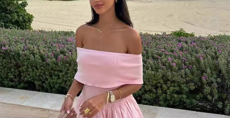 European and American Style Beach Holiday Sexy Dress Knitted Hollow-Out off Collar