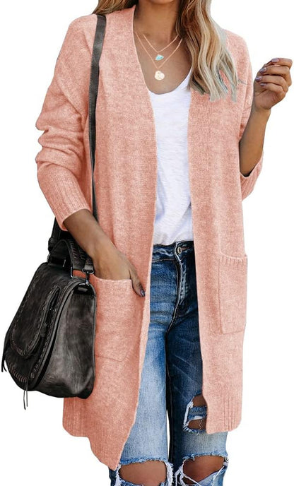 Womens Open Front Cardigans Sweater Long Sleeve Soft Casual Fall Knit Sweaters with Pockets a Pink
