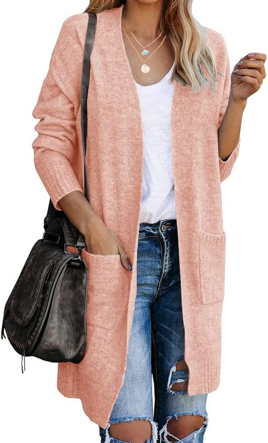 Womens Open Front Cardigans Sweater Long Sleeve Soft Casual Fall Knit Sweaters with Pockets a Pink