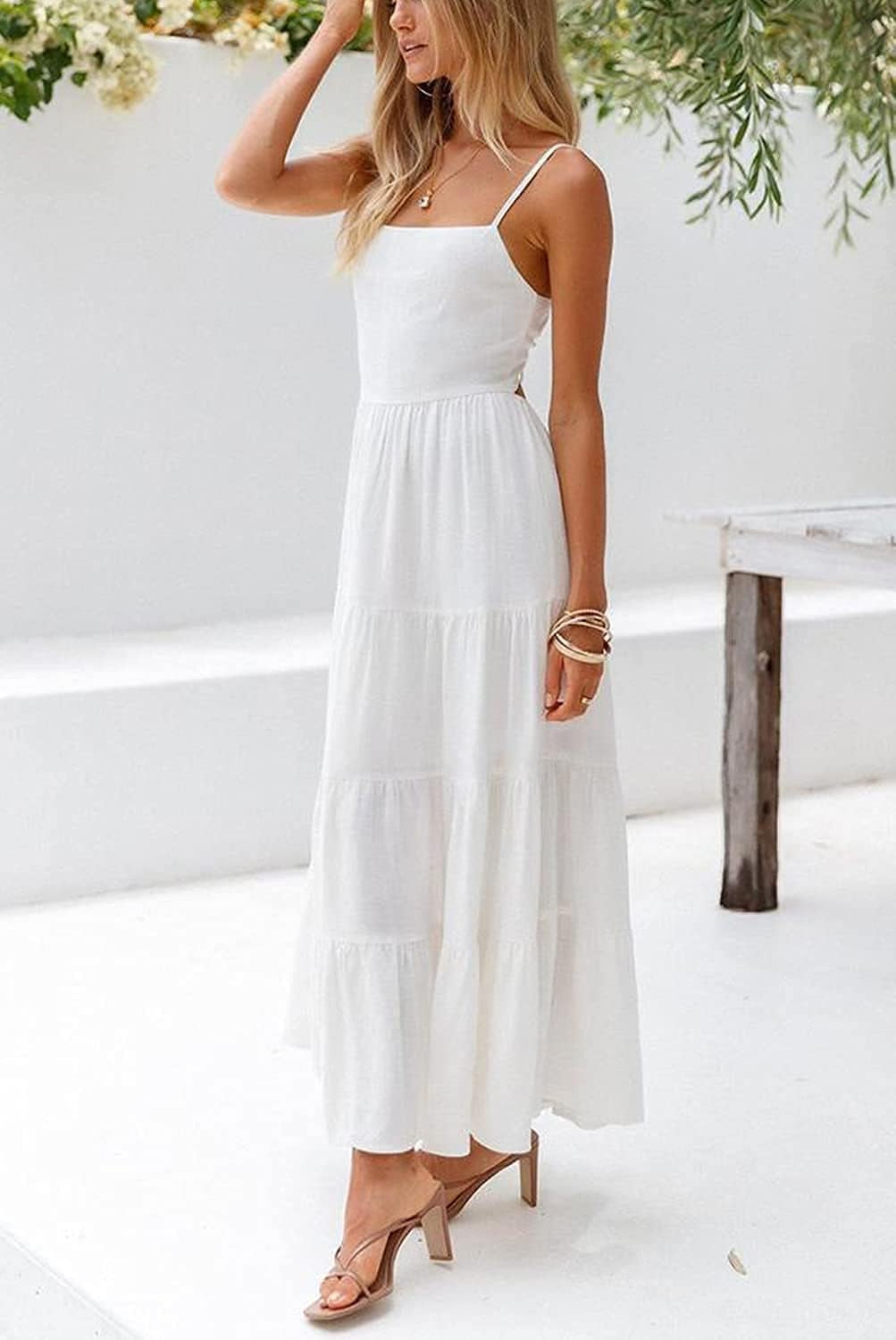 Women Summer Boho Maxi Dress Tiered Paghetti Strap Square Neck Pleated Backless Sleeveless White XL
