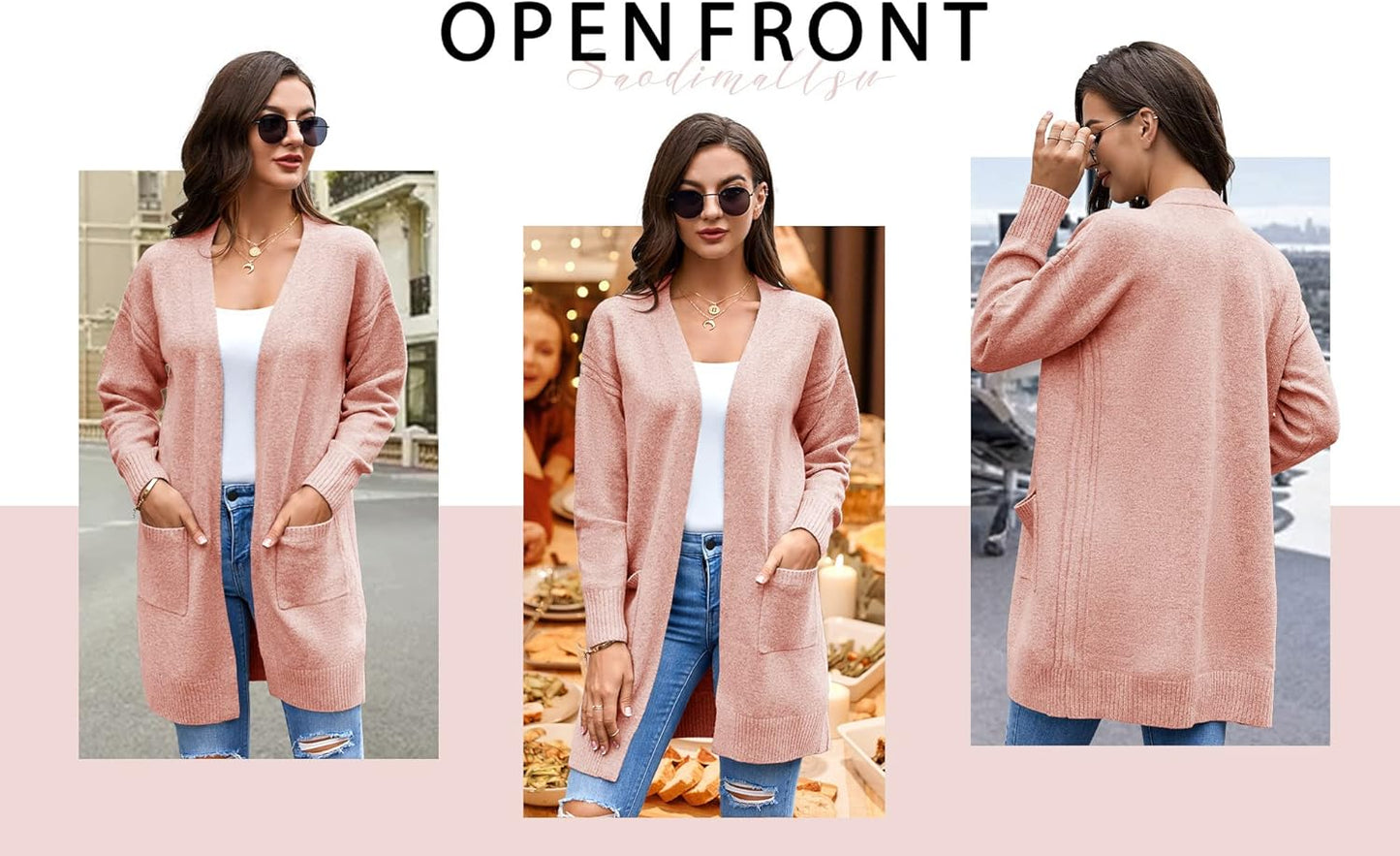 Womens Open Front Cardigans Sweater Long Sleeve Soft Casual Fall Knit Sweaters with Pockets a Pink