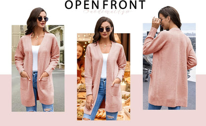 Womens Open Front Cardigans Sweater Long Sleeve Soft Casual Fall Knit Sweaters with Pockets a Pink