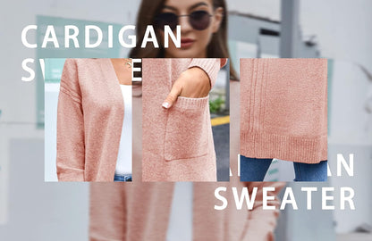 Womens Open Front Cardigans Sweater Long Sleeve Soft Casual Fall Knit Sweaters with Pockets a Pink
