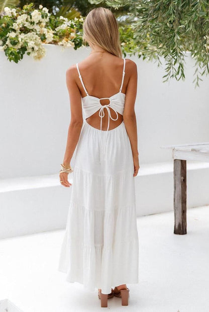 Women Summer Boho Maxi Dress Tiered Paghetti Strap Square Neck Pleated Backless Sleeveless White XL