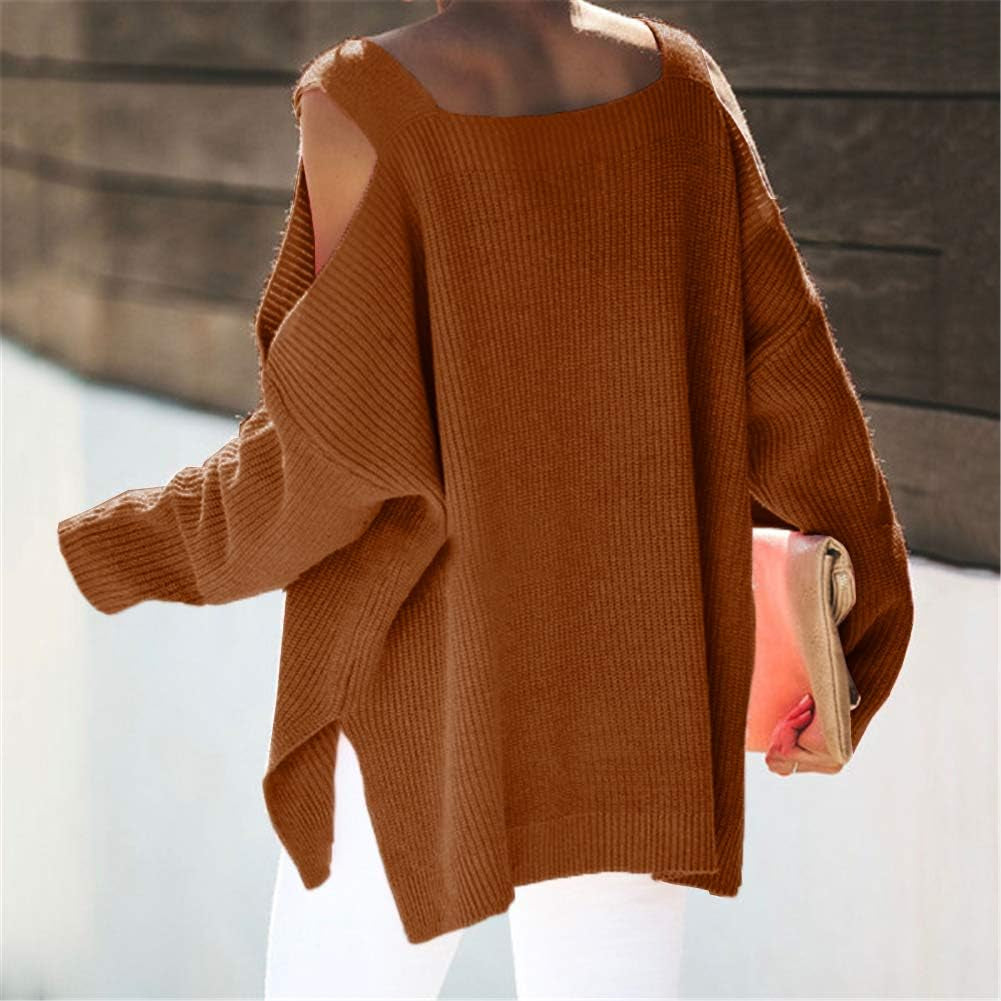 Women'S Cold Shoulder Oversized Sweaters Batwing Long Sleeve Square Neck Chunky Knit Fall Tunic Sweater Tops Brown