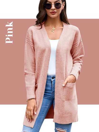 Womens Open Front Cardigans Sweater Long Sleeve Soft Casual Fall Knit Sweaters with Pockets a Pink