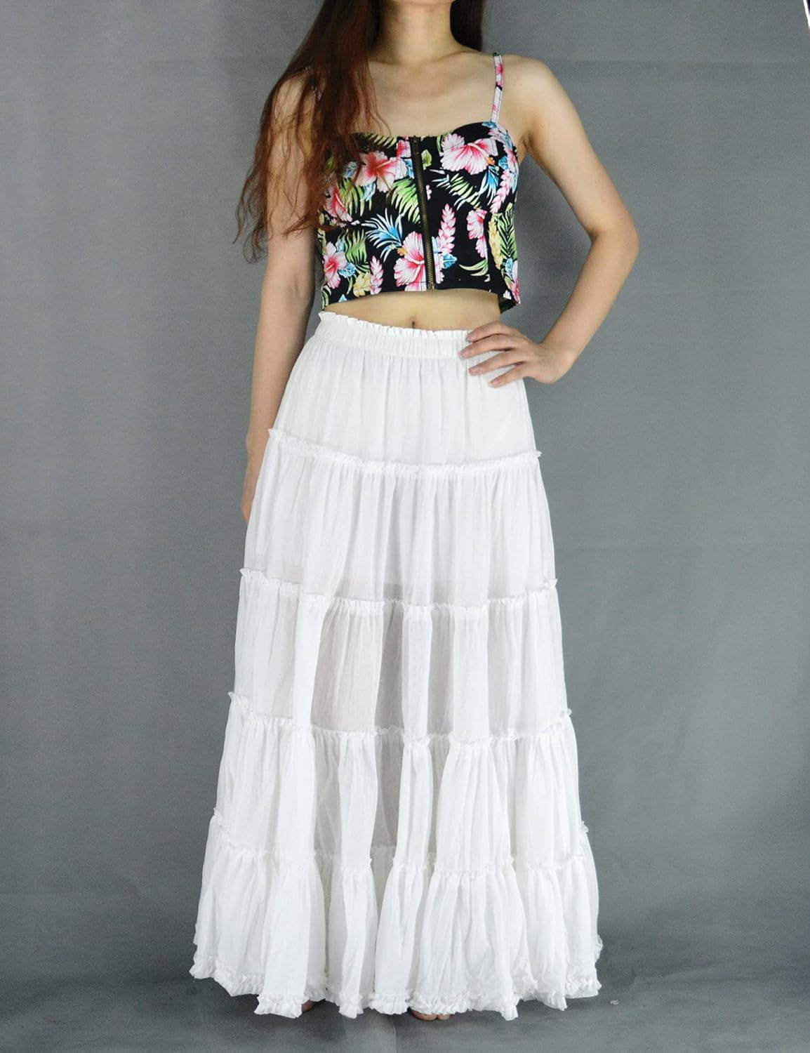 Women'S Cotton 5 Tiered a Line Pleated Maxi Skirt Long Boho Gypsy Dance Skirts