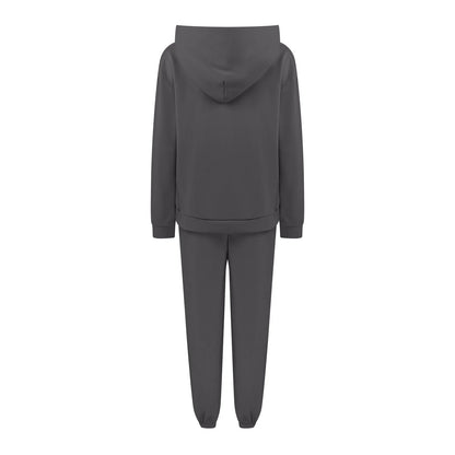 Women Casual Solid Color Two Piece Long Pants Hooded Pullover Long Sleeve Sweatshirts Sets Dark Gray XL