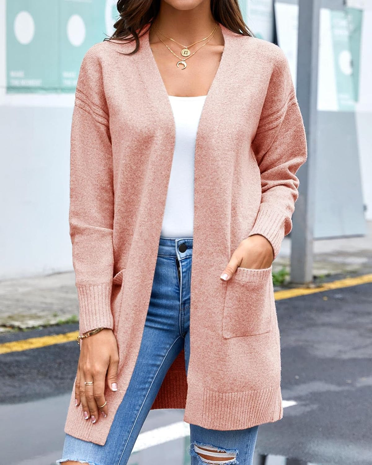 Womens Open Front Cardigans Sweater Long Sleeve Soft Casual Fall Knit Sweaters with Pockets a Pink