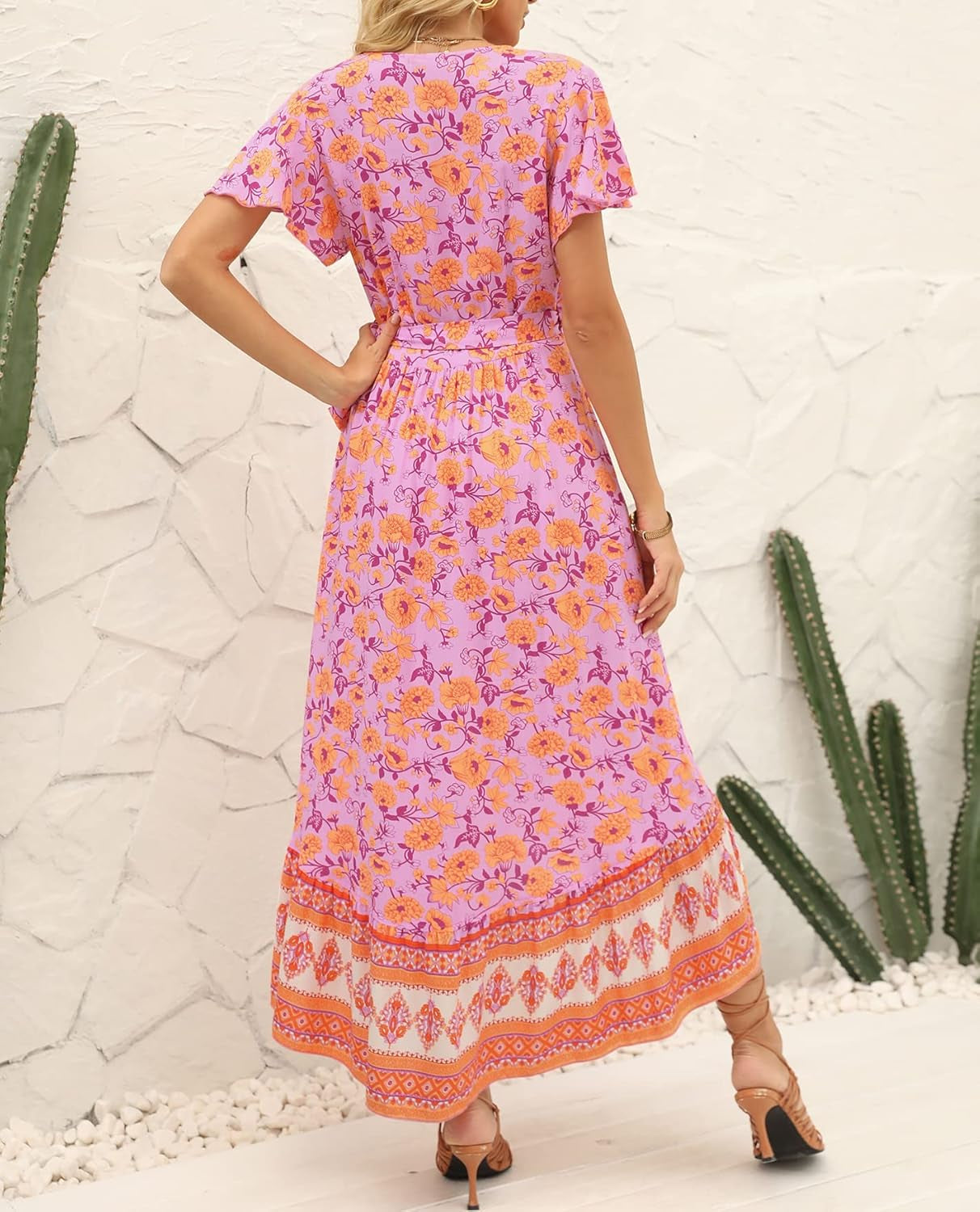Women'S Summer Bohemian Floral Printed Wrap V Neck Beach Party Flowy Ruffle Midi Dress