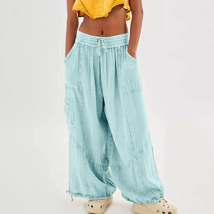 Beach Pants Linen Pants Women Wide Leg Harem Pants High Waist Button Drawstring Palazzo Pants Loose plus Size Pant with Pocket