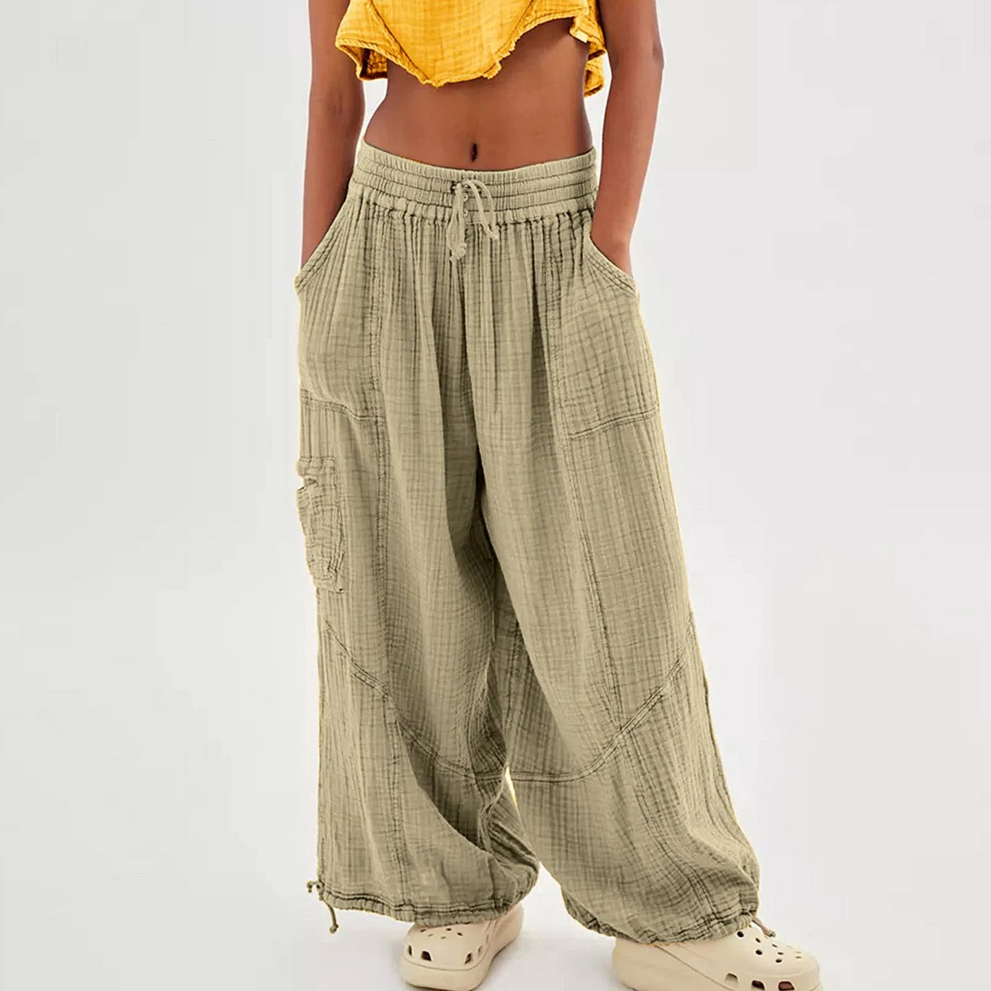 Beach Pants Linen Pants Women Wide Leg Harem Pants High Waist Button Drawstring Palazzo Pants Loose plus Size Pant with Pocket