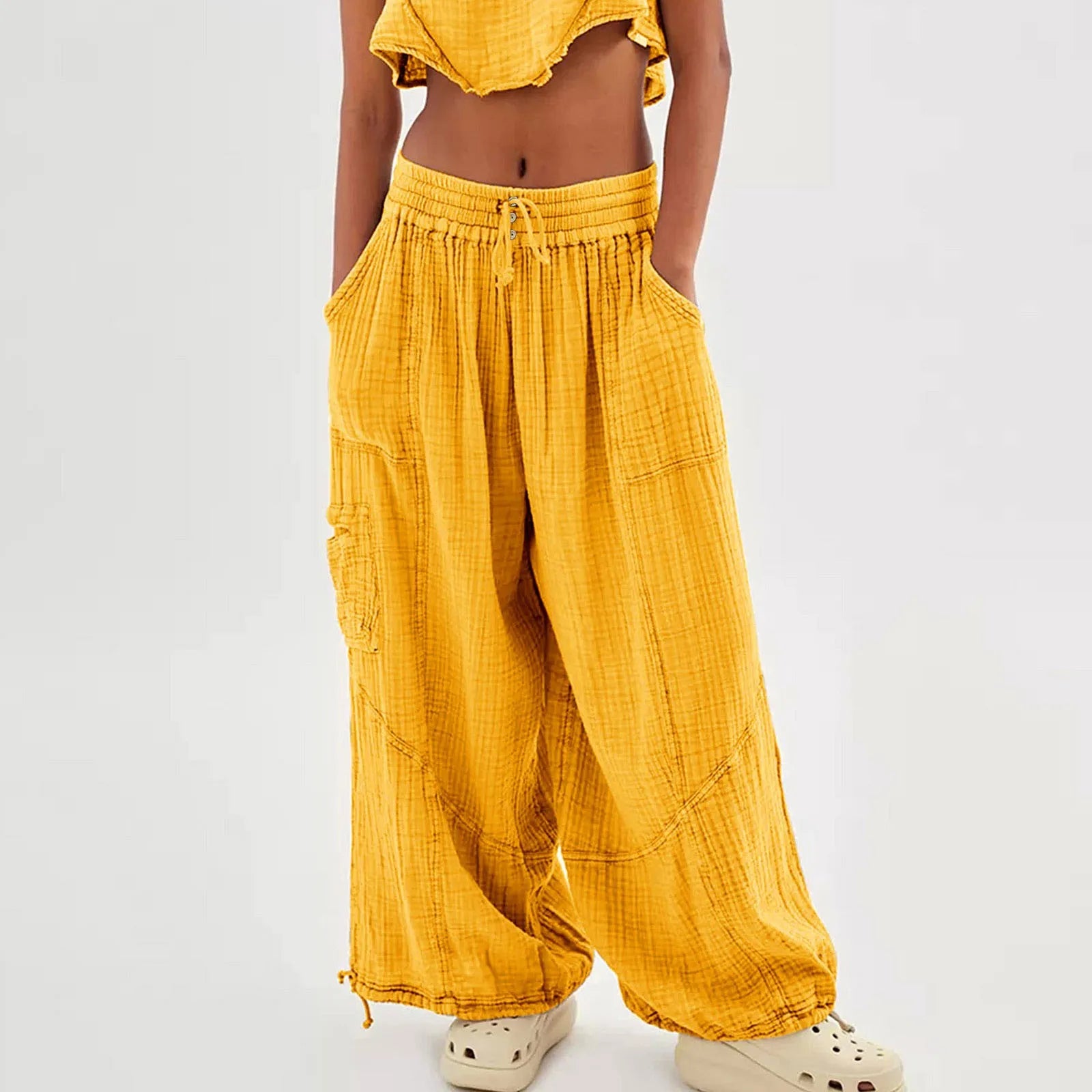 Beach Pants Linen Pants Women Wide Leg Harem Pants High Waist Button Drawstring Palazzo Pants Loose plus Size Pant with Pocket