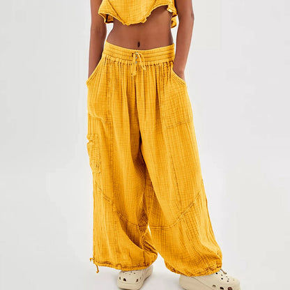 Beach Pants Linen Pants Women Wide Leg Harem Pants High Waist Button Drawstring Palazzo Pants Loose plus Size Pant with Pocket