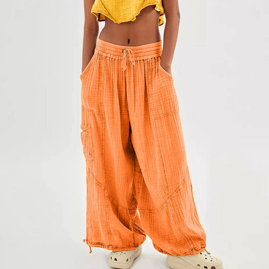 Beach Pants Linen Pants Women Wide Leg Harem Pants High Waist Button Drawstring Palazzo Pants Loose plus Size Pant with Pocket