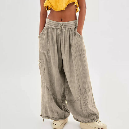 Beach Pants Linen Pants Women Wide Leg Harem Pants High Waist Button Drawstring Palazzo Pants Loose plus Size Pant with Pocket