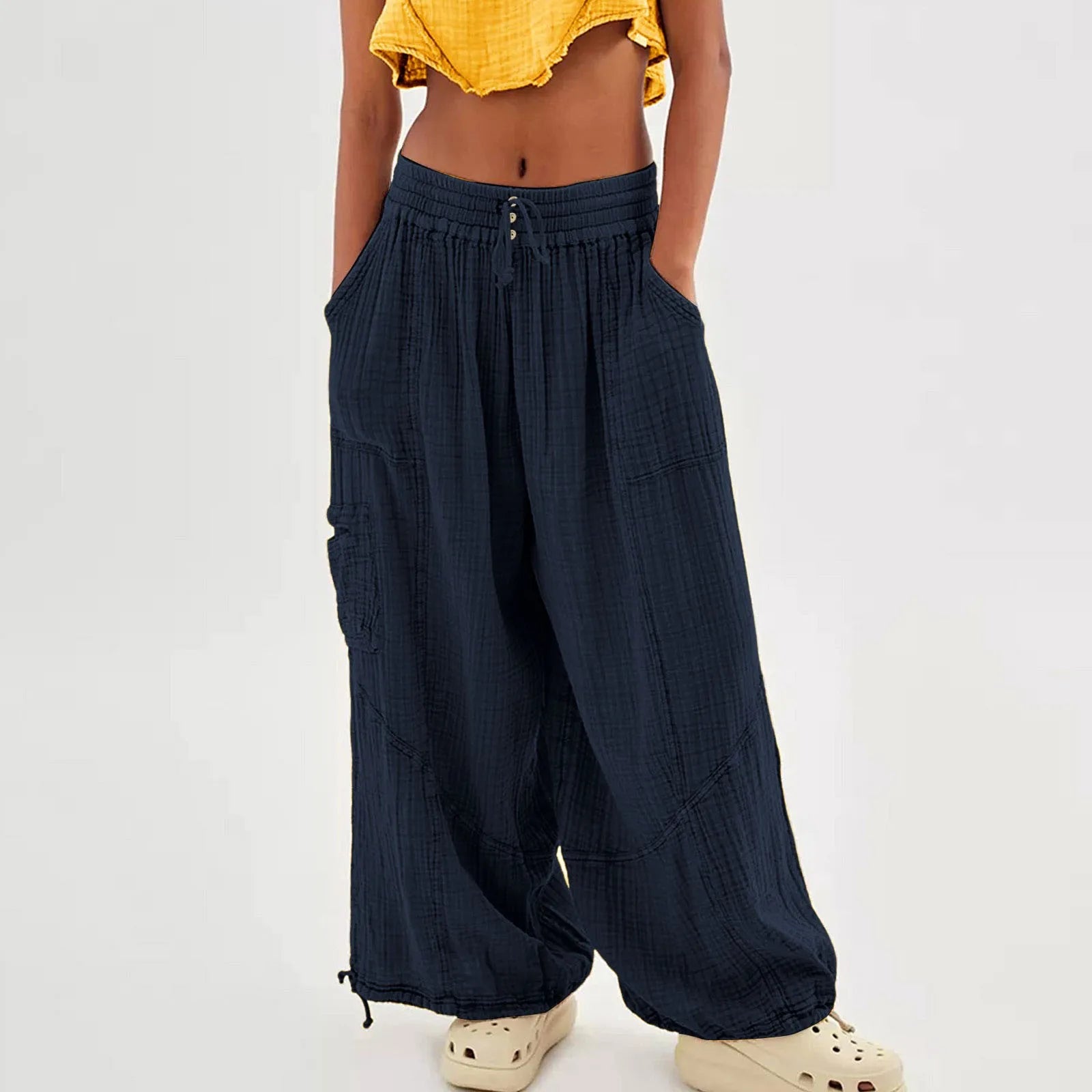 Beach Pants Linen Pants Women Wide Leg Harem Pants High Waist Button Drawstring Palazzo Pants Loose plus Size Pant with Pocket