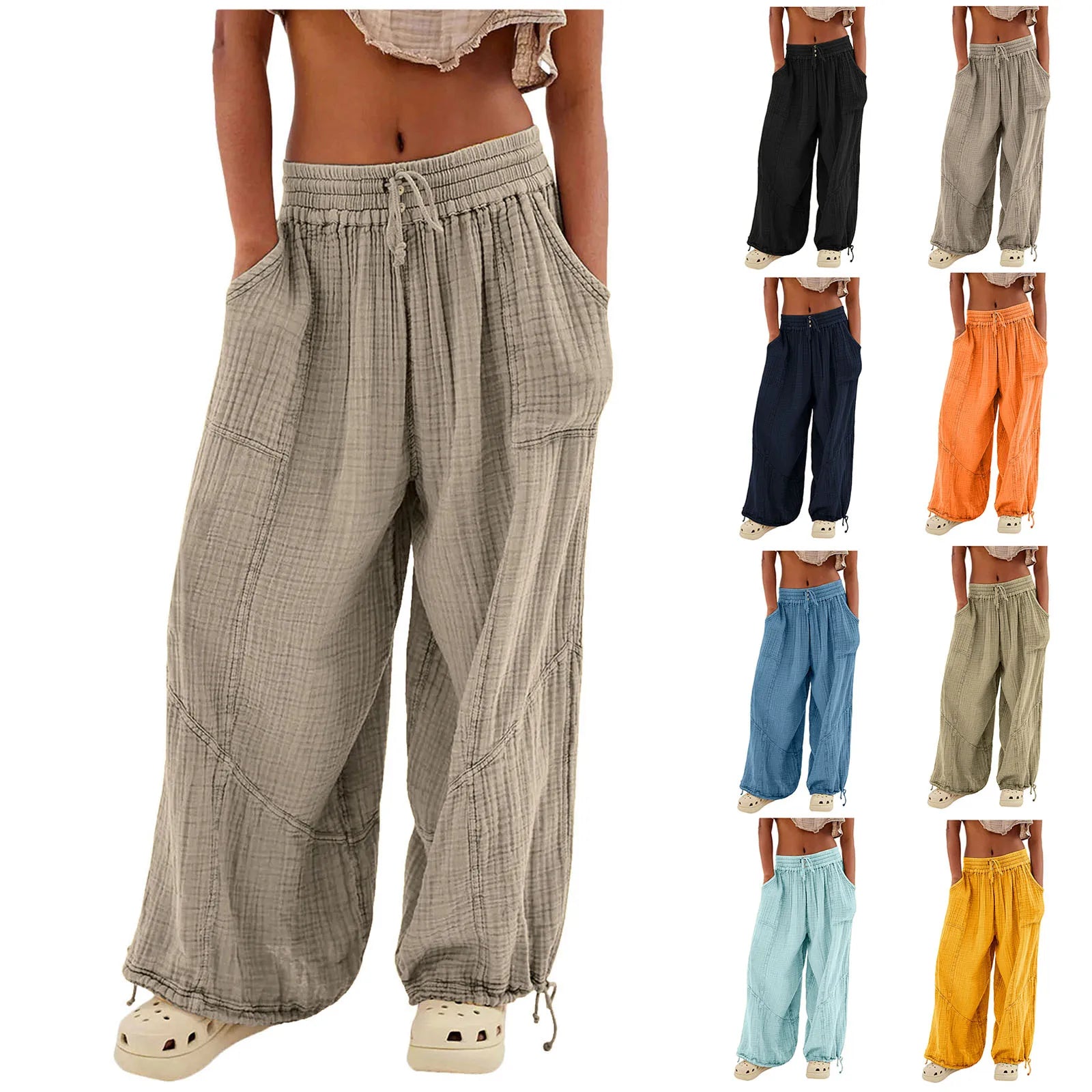 Beach Pants Linen Pants Women Wide Leg Harem Pants High Waist Button Drawstring Palazzo Pants Loose plus Size Pant with Pocket
