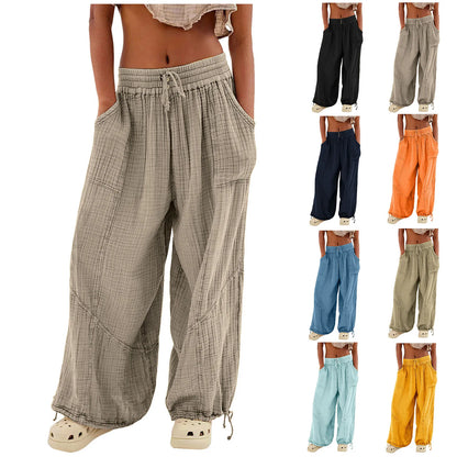 Beach Pants Linen Pants Women Wide Leg Harem Pants High Waist Button Drawstring Palazzo Pants Loose plus Size Pant with Pocket