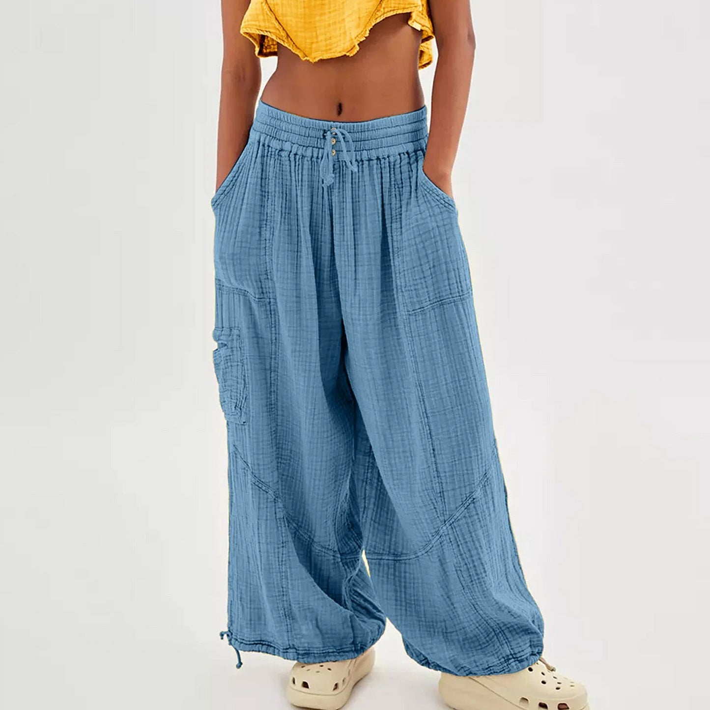 Beach Pants Linen Pants Women Wide Leg Harem Pants High Waist Button Drawstring Palazzo Pants Loose plus Size Pant with Pocket