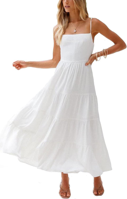 Women Summer Boho Maxi Dress Tiered Paghetti Strap Square Neck Pleated Backless Sleeveless White XL