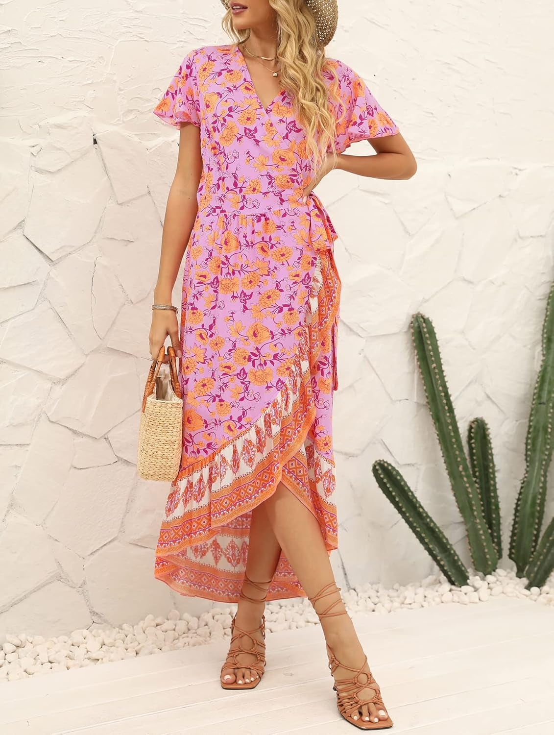 Women'S Summer Bohemian Floral Printed Wrap V Neck Beach Party Flowy Ruffle Midi Dress