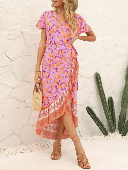 Women'S Summer Bohemian Floral Printed Wrap V Neck Beach Party Flowy Ruffle Midi Dress